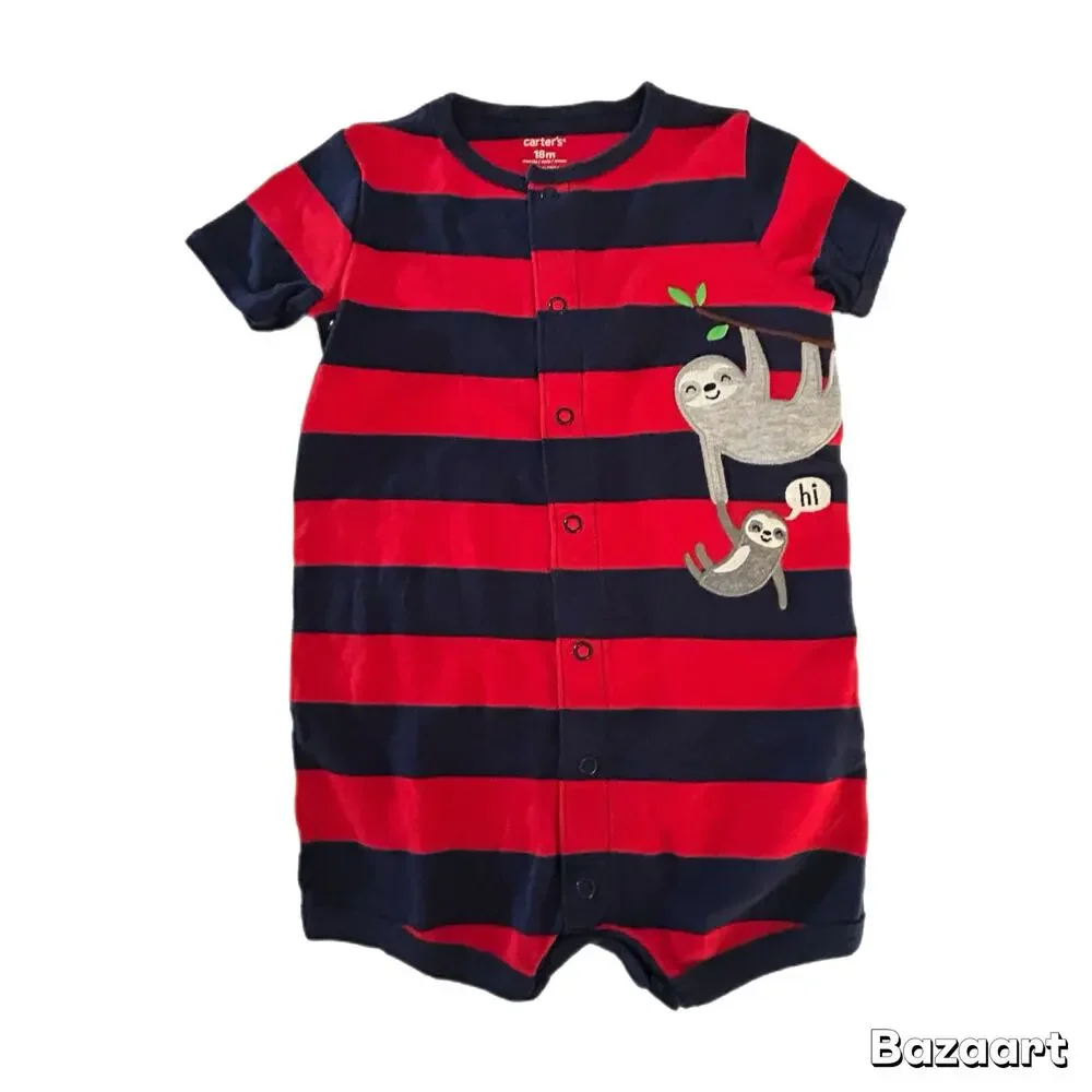 Carter’s Short Sleeve Striped Sloth Romper Toddler Boy Size 18M Navy Red